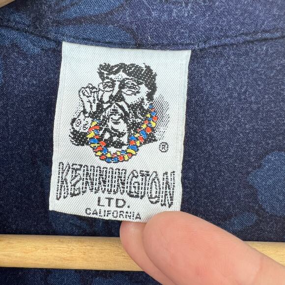 VINTAGE Kennington LARGE Blue Hibisicus Hawaiian Aloha Dad Shirt Button Up 90's - Picture 9 of 11